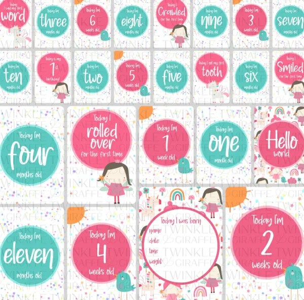 Twinkle u0026 Giraffe Fairies and Unicorns Baby Milestone Cards - Set of 25 Hot