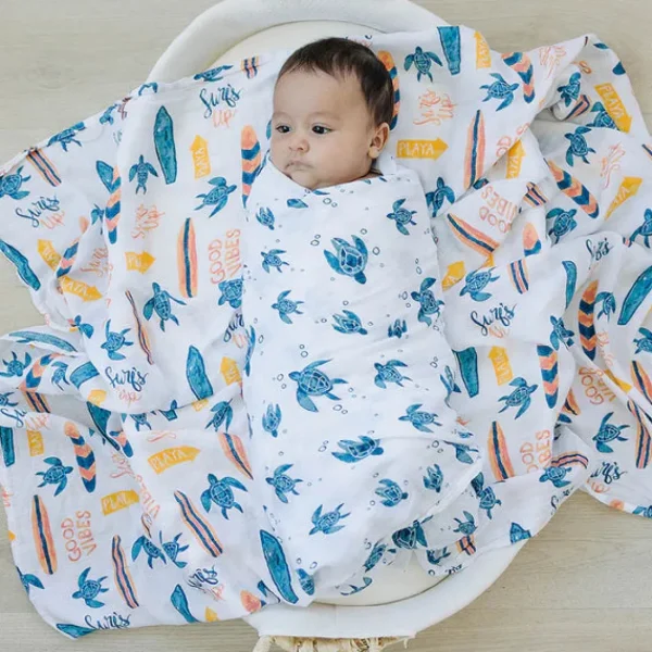 Bebe au Lait Muslin Swaddle Blanket Set Oh So Soft Surf + Sea Turtles Fashion